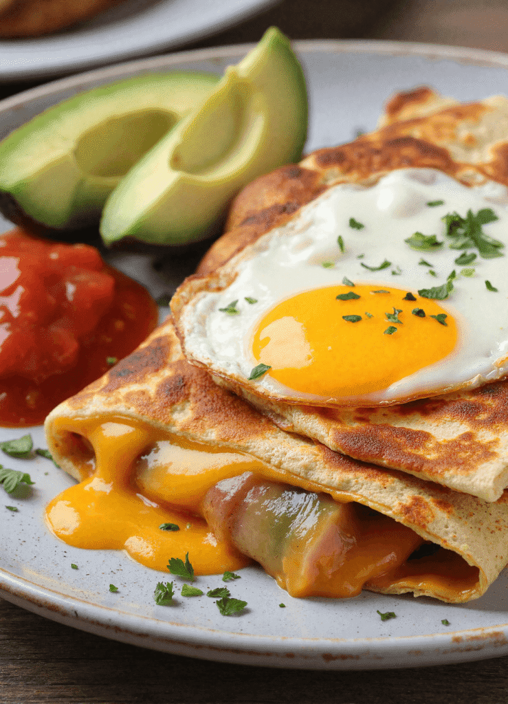 Crispy fried egg quesadilla topped with runny yolk, served with avocado slices and salsa on a rustic plate