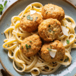 Plate of garlic butter chicken bites served atop creamy parmesan pasta with fresh herbs and shaved parmesan.
