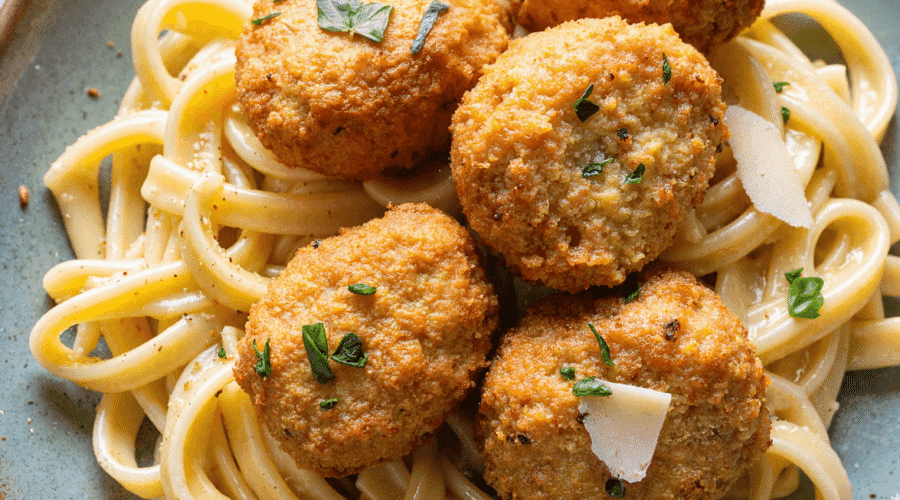 Plate of garlic butter chicken bites served atop creamy parmesan pasta with fresh herbs and shaved parmesan.