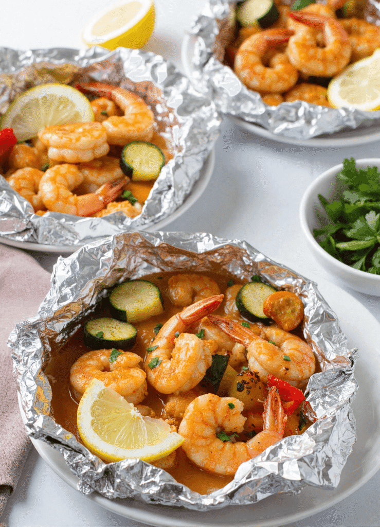 Grilled shrimp foil packet meal with zucchini, lemon wedges, and bell peppers served in foil on a white plate.