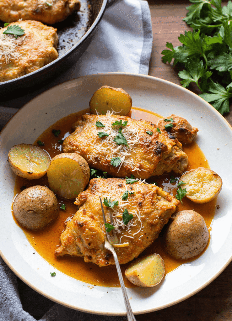 Plate of garlic parmesan chicken and potatoes served with roasted baby potatoes, parmesan topping, and parsley garnish