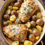 Casserole pan filled with garlic parmesan chicken and baby potatoes, topped with cheese and parsley on a wooden board