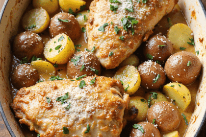 Casserole pan filled with garlic parmesan chicken and baby potatoes, topped with cheese and parsley on a wooden board