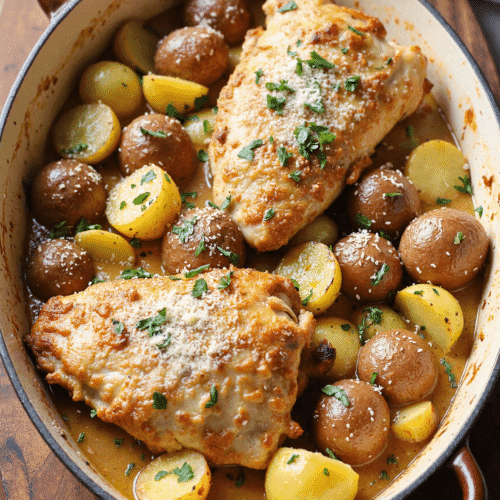 Casserole pan filled with garlic parmesan chicken and baby potatoes, topped with cheese and parsley on a wooden board