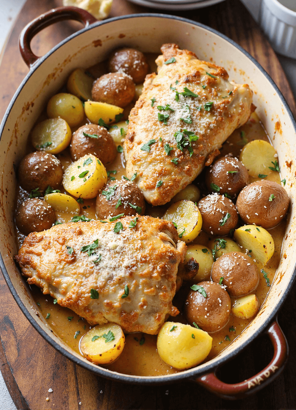 Casserole pan filled with garlic parmesan chicken and baby potatoes, topped with cheese and parsley on a wooden board