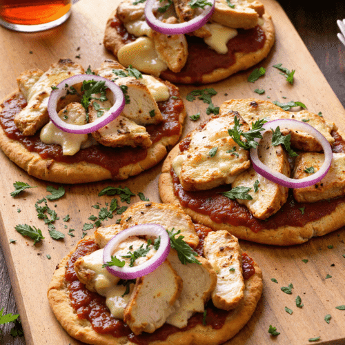 grilled BBQ chicken flatbreads with barbecue sauce, grilled chicken breast slices, melted cheese, red onion, and fresh herbs on wooden serving board