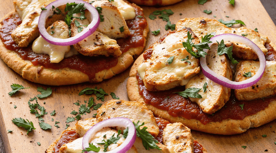 grilled BBQ chicken flatbreads with barbecue sauce, grilled chicken breast slices, melted cheese, red onion, and fresh herbs on wooden serving board