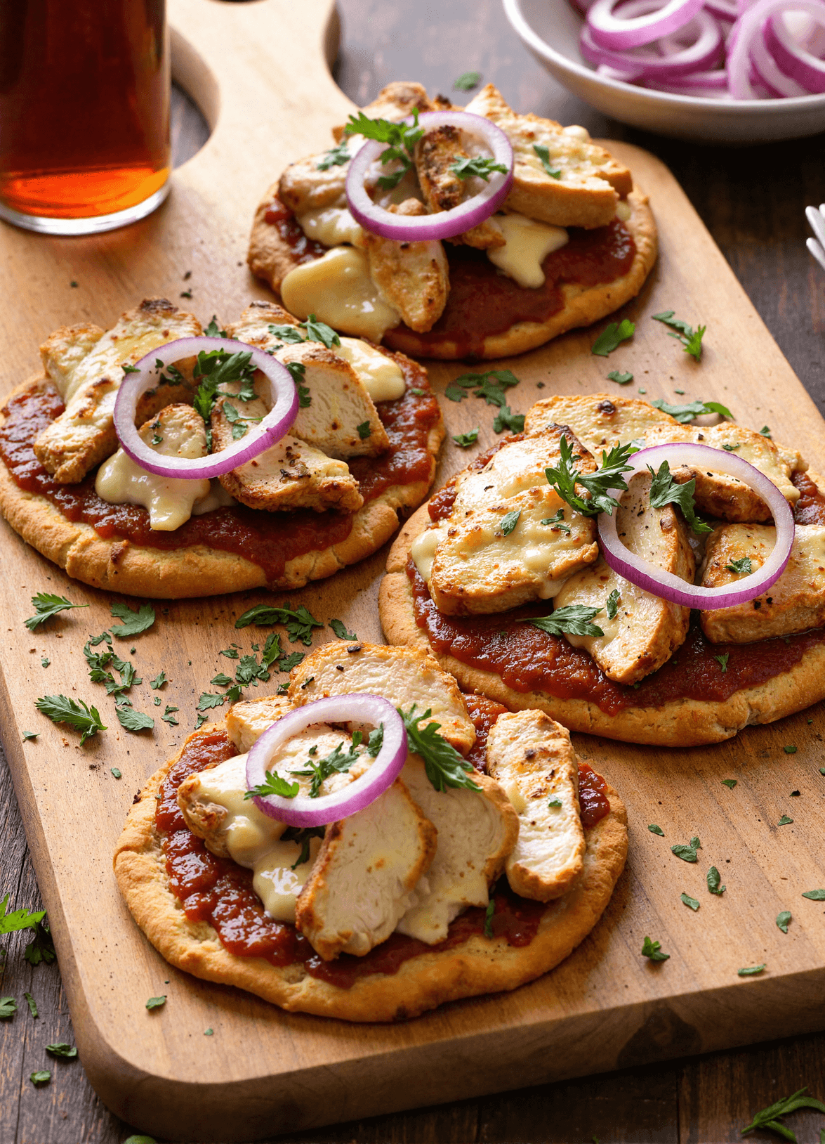 grilled BBQ chicken flatbreads with barbecue sauce, grilled chicken breast slices, melted cheese, red onion, and fresh herbs on wooden serving board