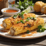 Grilled elote-style corn on the cob with cotija cheese, chili powder, and fresh cilantro served with lime wedges on a summer table