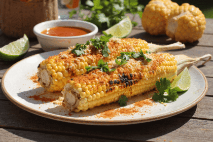 Grilled elote-style corn on the cob with cotija cheese, chili powder, and fresh cilantro served with lime wedges on a summer table