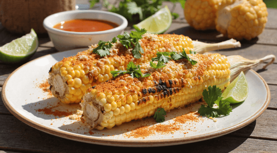 Grilled elote-style corn on the cob with cotija cheese, chili powder, and fresh cilantro served with lime wedges on a summer table