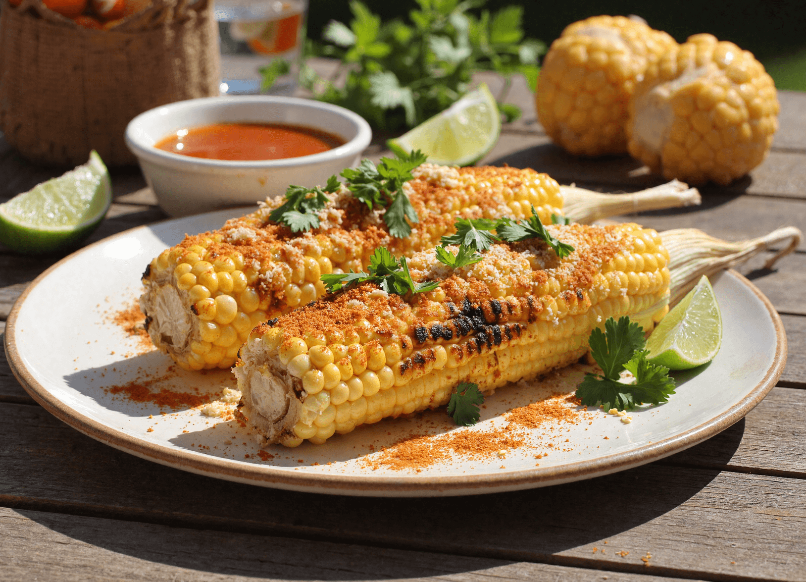 Grilled elote-style corn on the cob with cotija cheese, chili powder, and fresh cilantro served with lime wedges on a summer table