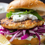 Close-up of a grilled fish sandwich layered with crispy red cabbage slaw, fresh spinach, and creamy tzatziki on a sesame bun.