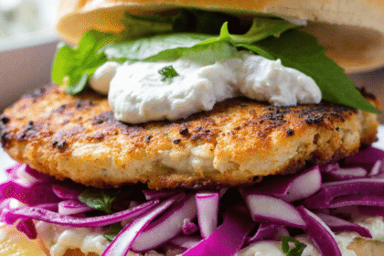 Close-up of a grilled fish sandwich layered with crispy red cabbage slaw, fresh spinach, and creamy tzatziki on a sesame bun.