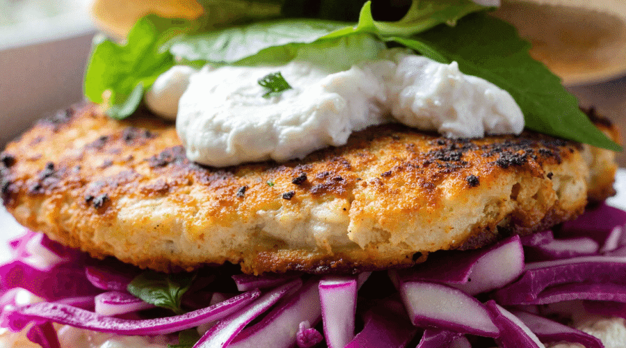 Close-up of a grilled fish sandwich layered with crispy red cabbage slaw, fresh spinach, and creamy tzatziki on a sesame bun.