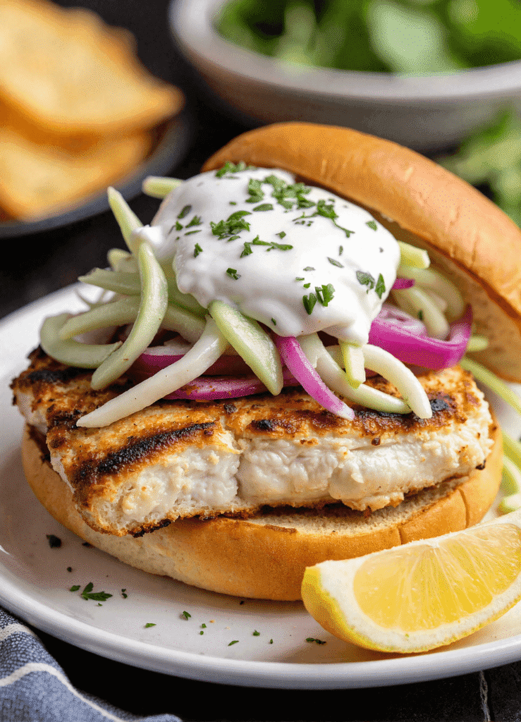 Grilled white fish sandwich topped with cucumber-onion slaw and tzatziki, served on a toasted bun with lemon wedge.