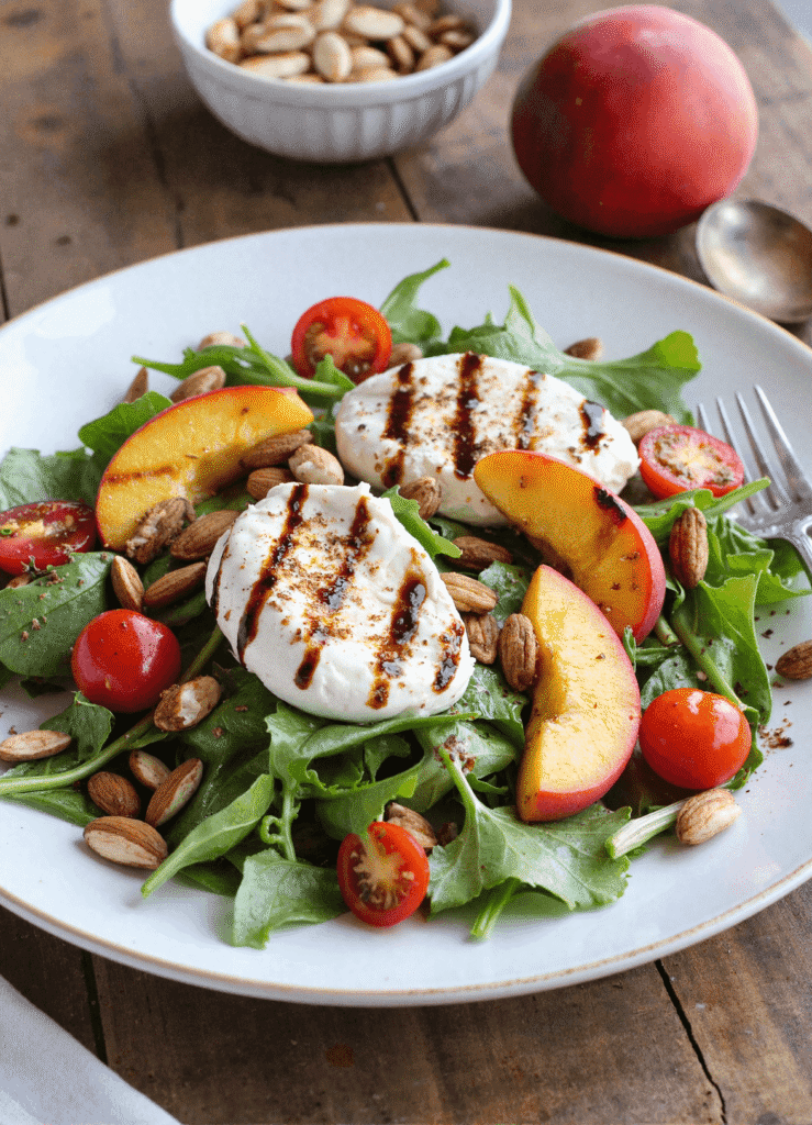 Grilled peach slices and burrata served on arugula with tomatoes, almonds, and balsamic glaze
