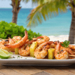 Grilled shrimp and pineapple skewers served on a white plate with lime wedges, set against a tropical beach backdrop with palm trees and ocean.