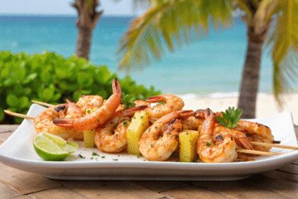 Grilled shrimp and pineapple skewers served on a white plate with lime wedges, set against a tropical beach backdrop with palm trees and ocean.