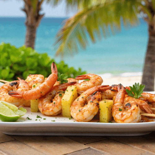 Grilled shrimp and pineapple skewers served on a white plate with lime wedges, set against a tropical beach backdrop with palm trees and ocean.