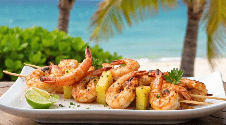 Grilled shrimp and pineapple skewers served on a white plate with lime wedges, set against a tropical beach backdrop with palm trees and ocean.