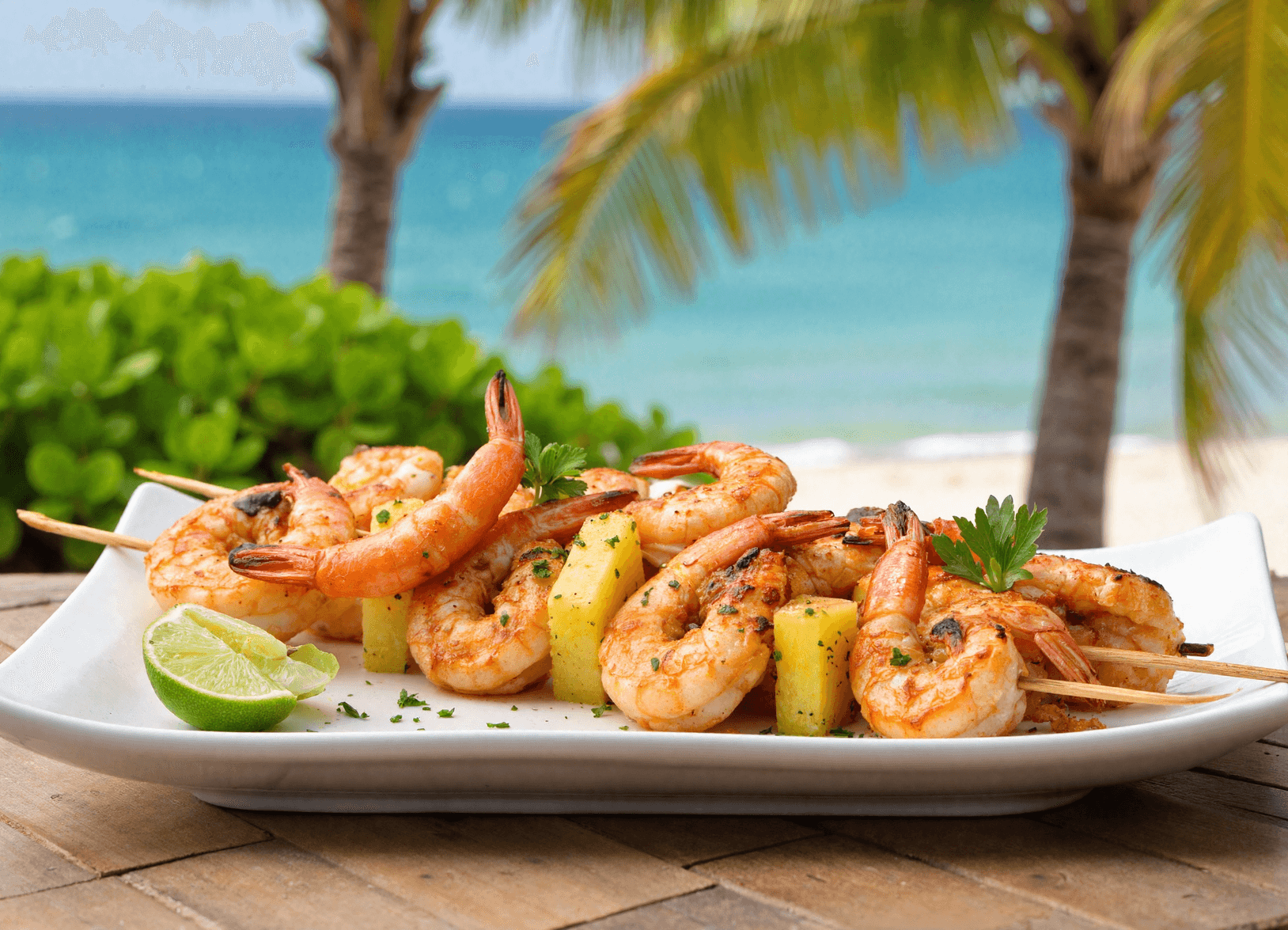 Grilled shrimp and pineapple skewers served on a white plate with lime wedges, set against a tropical beach backdrop with palm trees and ocean.