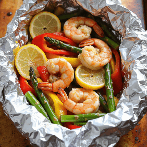 Garlic butter shrimp foil packets with lemon slices, bell peppers, and asparagus, ready to be grilled in foil.