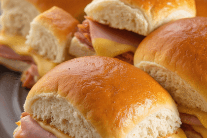 Close-up of ham and cheese Hawaiian roll sliders with melted American cheese on sweet golden buns.