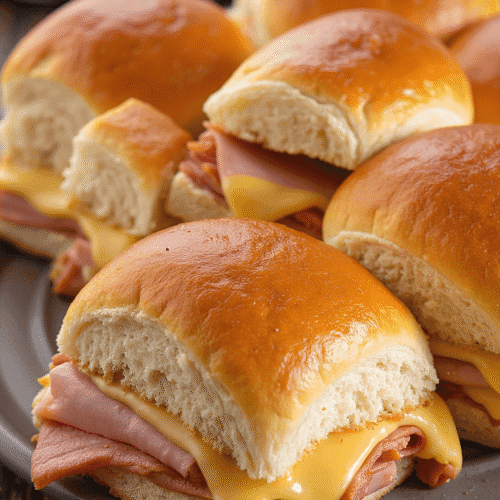 Close-up of ham and cheese Hawaiian roll sliders with melted American cheese on sweet golden buns.