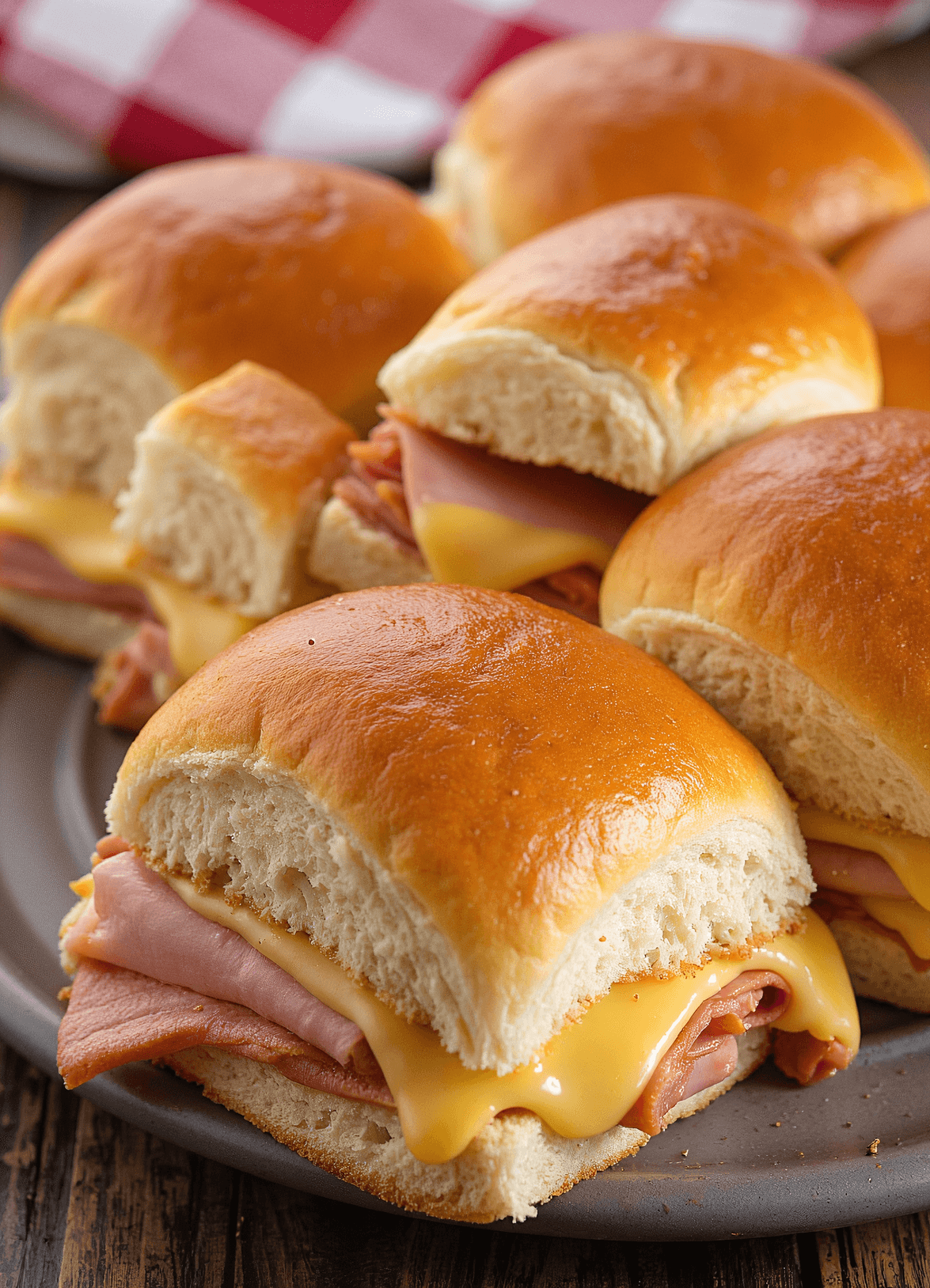 Close-up of ham and cheese Hawaiian roll sliders with melted American cheese on sweet golden buns.