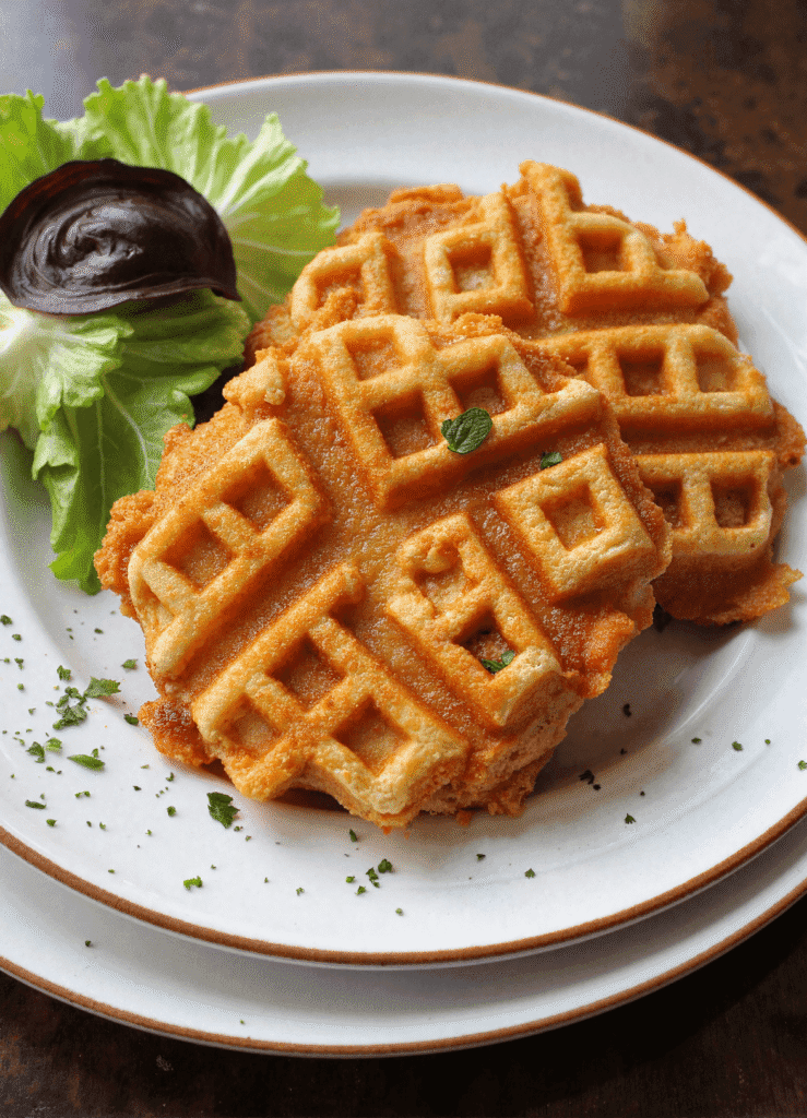 Two golden, crispy healthy hashbrown chaffles stacked on a white plate with fresh lettuce and a beet garnish. Perfect low carb, high protein breakfast or snack.