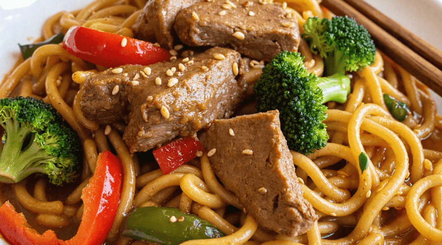 Healthy Mongolian beef noodles in sauce with broccoli, red peppers, and sesame seeds.