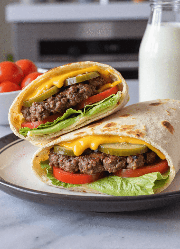 Two cheeseburger wraps filled with ground beef, cheddar cheese, lettuce, tomato, and pickles on a plate with a glass of milk.