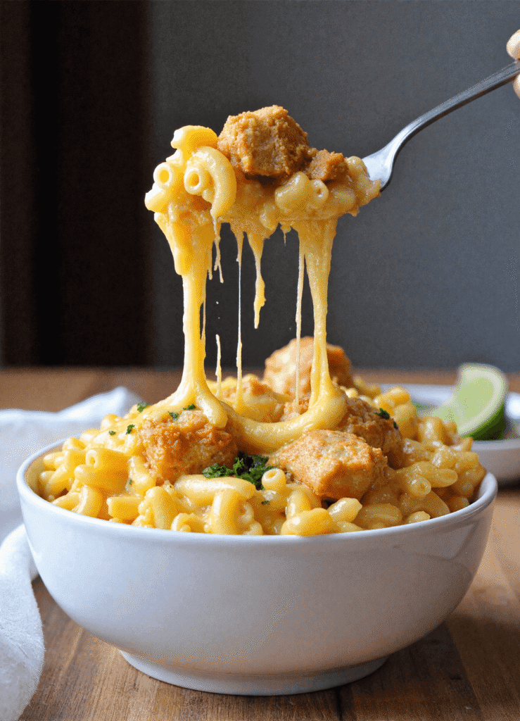 A cheesy forkful of high protein honey BBQ chicken mac and cheese stretching from a bowl