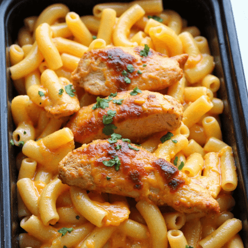 Meal prep container filled with high protein mac and cheese and grilled BBQ chicken breast