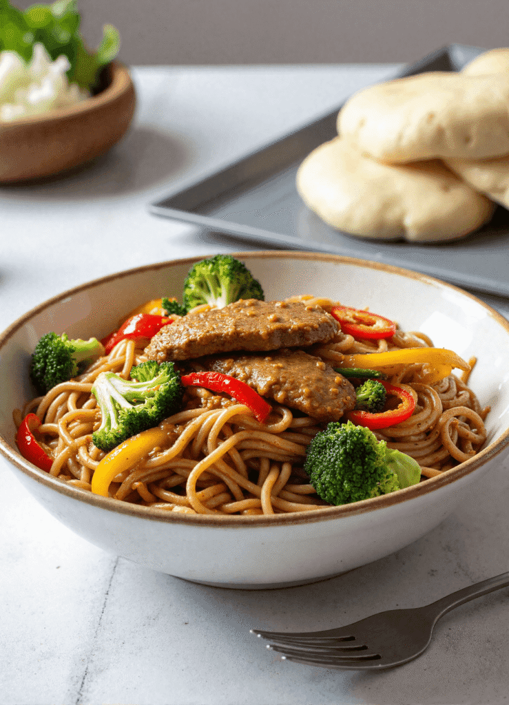 High protein Mongolian noodles with beef strips, colorful bell peppers, and broccoli in a bowl.