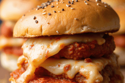 Stacked high protein pizza slider with melted mozzarella and marinara sauce on a sesame seed bun.