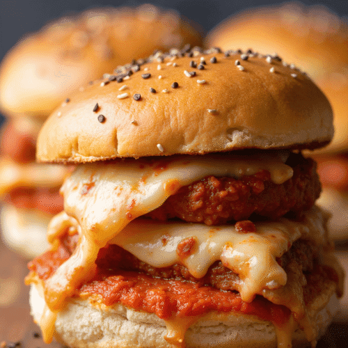 Stacked high protein pizza slider with melted mozzarella and marinara sauce on a sesame seed bun.