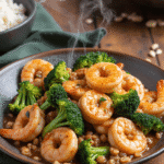 Steaming hot shrimp and broccoli stir fry served in a rustic bowl with a savory sauce and a side of jasmine rice.