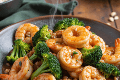 Steaming hot shrimp and broccoli stir fry served in a rustic bowl with a savory sauce and a side of jasmine rice.