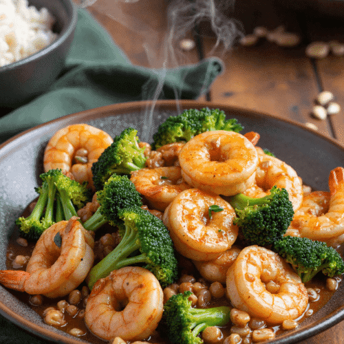 Steaming hot shrimp and broccoli stir fry served in a rustic bowl with a savory sauce and a side of jasmine rice.