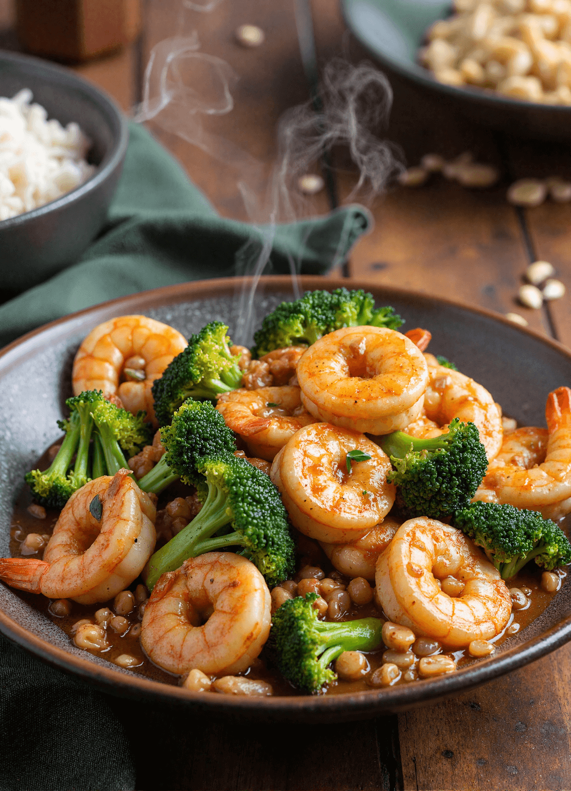 Steaming hot shrimp and broccoli stir fry served in a rustic bowl with a savory sauce and a side of jasmine rice.