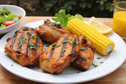 grilled honey chicken thighs on a plate with corn on the cob, lemon wedge, and summer salad