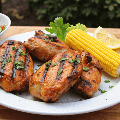 grilled honey chicken thighs on a plate with corn on the cob, lemon wedge, and summer salad