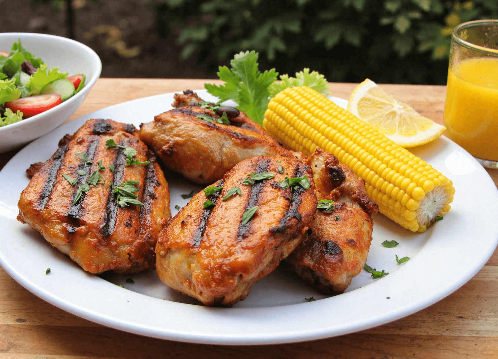 grilled honey chicken thighs on a plate with corn on the cob, lemon wedge, and summer salad