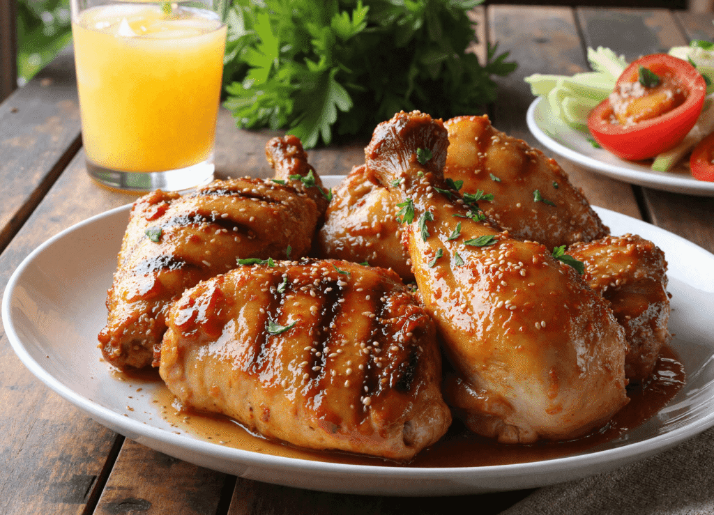 honey grilled chicken thighs with sesame glaze served on a white plate with fresh parsley and iced orange juice
