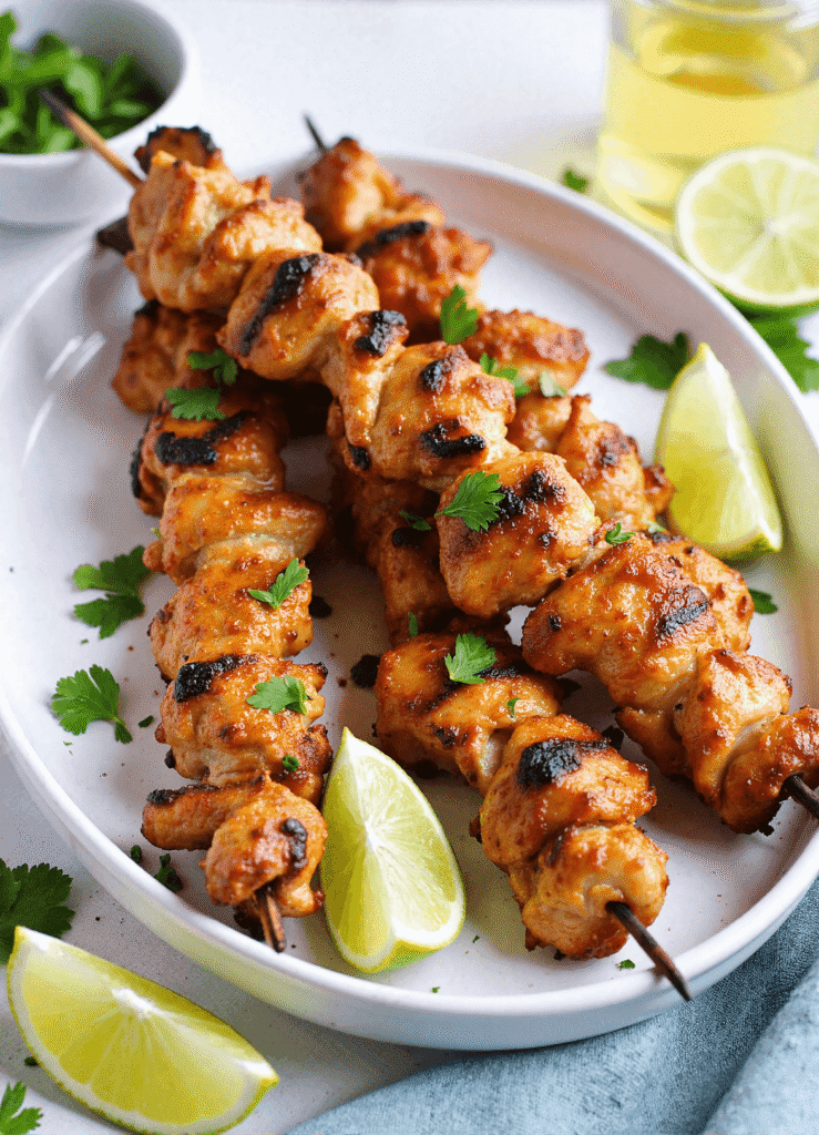 Plate of grilled honey lime chicken skewers with fresh lime wedges and parsley garnish