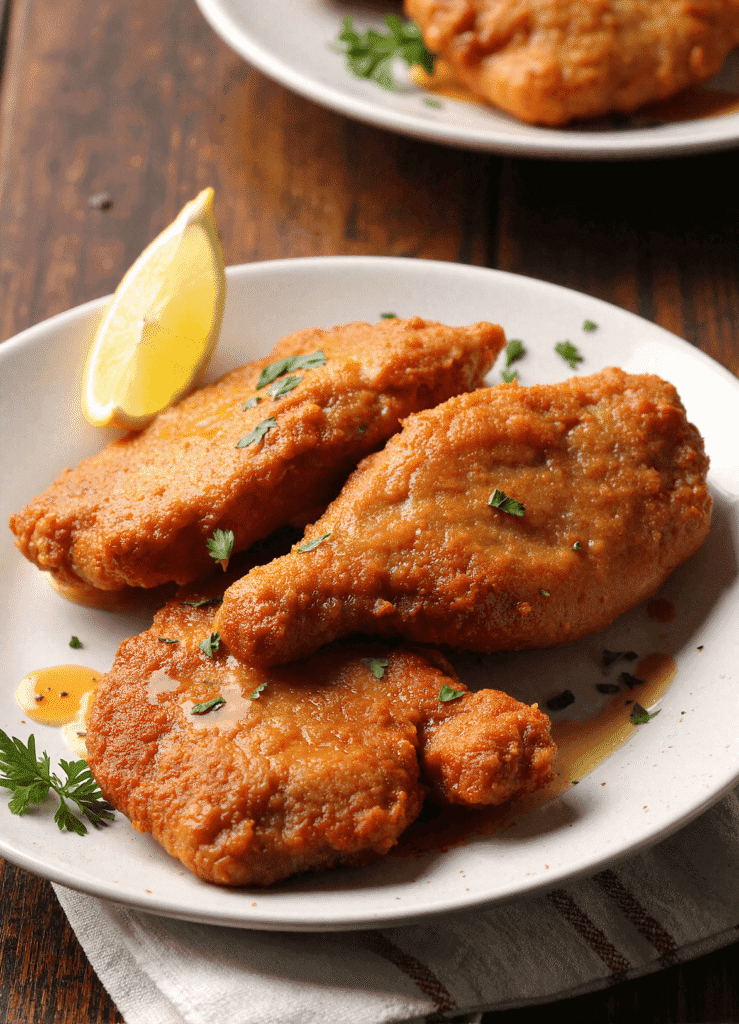 Golden crispy hot honey chicken cutlets served with a drizzle of sweet and spicy hot honey glaze, garnished with fresh parsley and lemon wedge.