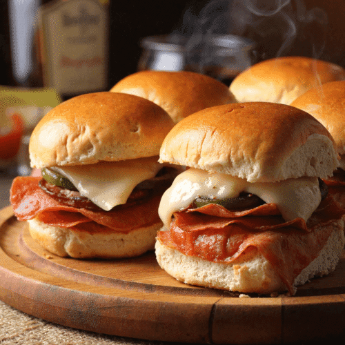 Hot Italian sub sliders with melted provolone, deli pepperoni, and pickles on toasted slider buns served on a wooden board with steam rising.