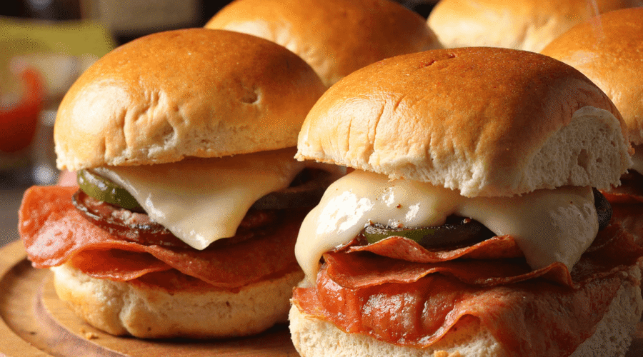 Hot Italian sub sliders with melted provolone, deli pepperoni, and pickles on toasted slider buns served on a wooden board with steam rising.